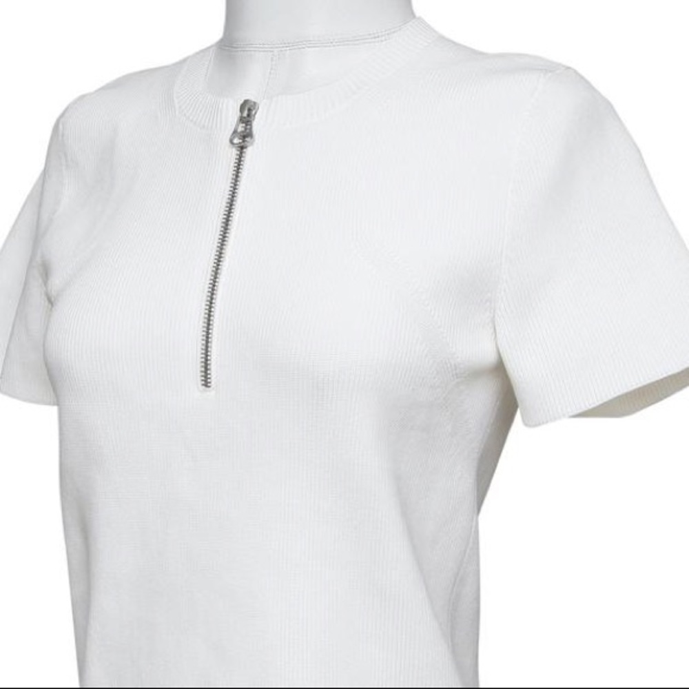 HELMUT LANG L Knit Henley Short Sleeve Silver Zipper White Sweater NWT